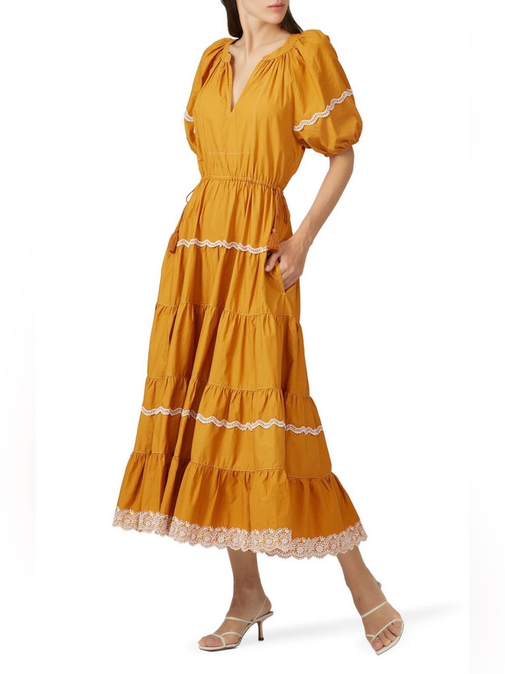 Ulla Johnson~Mustard Tiered Claribel Maxi Dress with Lace Trim~Size 2~$425~